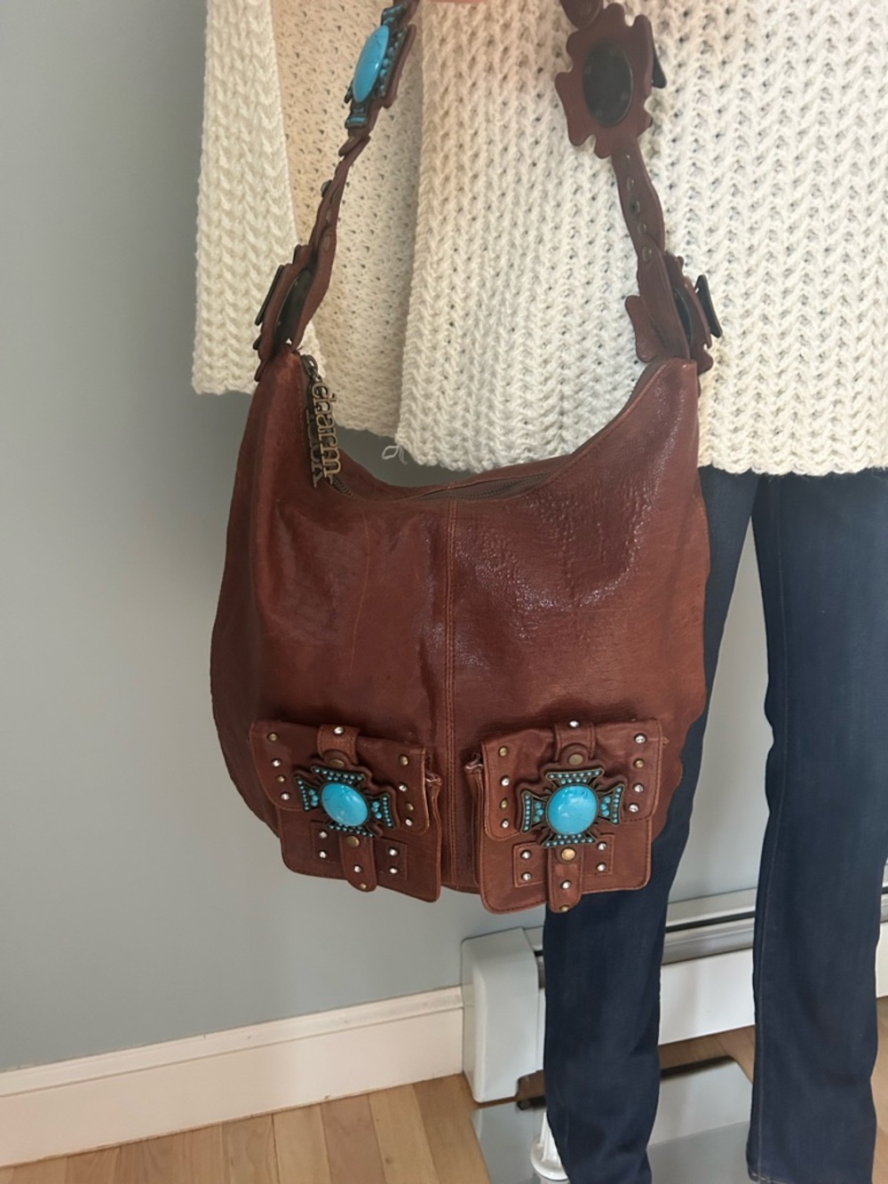 Charm & Luck Brown Leather Hobo Bag with Turquoise Stone Accents